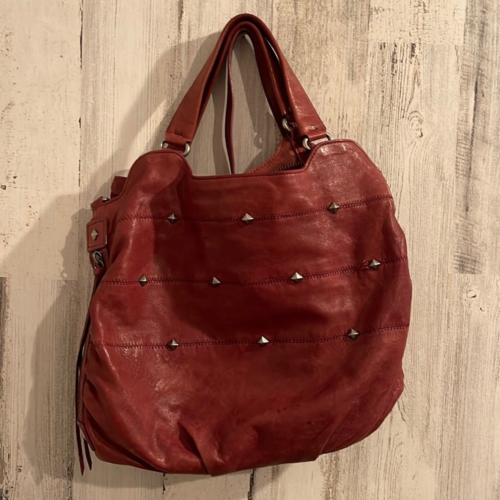 Botkier dark red handbag with pyramid stud detail